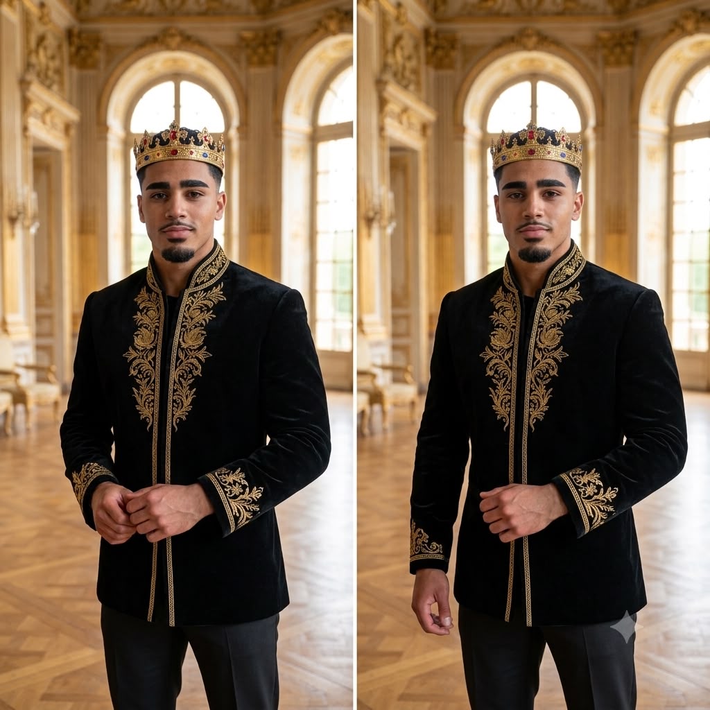 Portrait couronné en veste noire brodée d'or